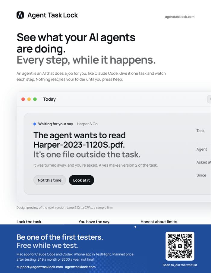The one-pager: a two-tone headline, the ask in the app, three short points and the QR code